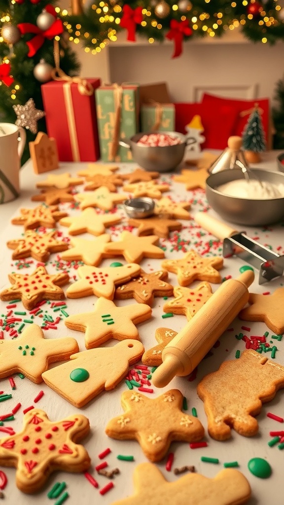 Christmas Cookie Baking Party A table with various decorated Christmas cookies, baking supplies, and holiday decorations.